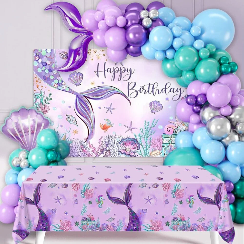Mermaid Birthday Decoration Set - Backdrop, Balloon and Table cloth